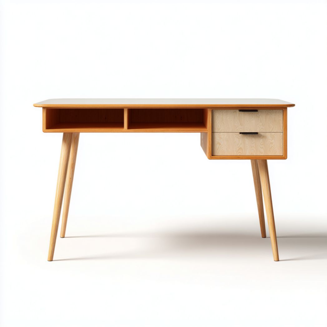 Escritorio de madera clara con 2 cajones y compartimentos abiertos