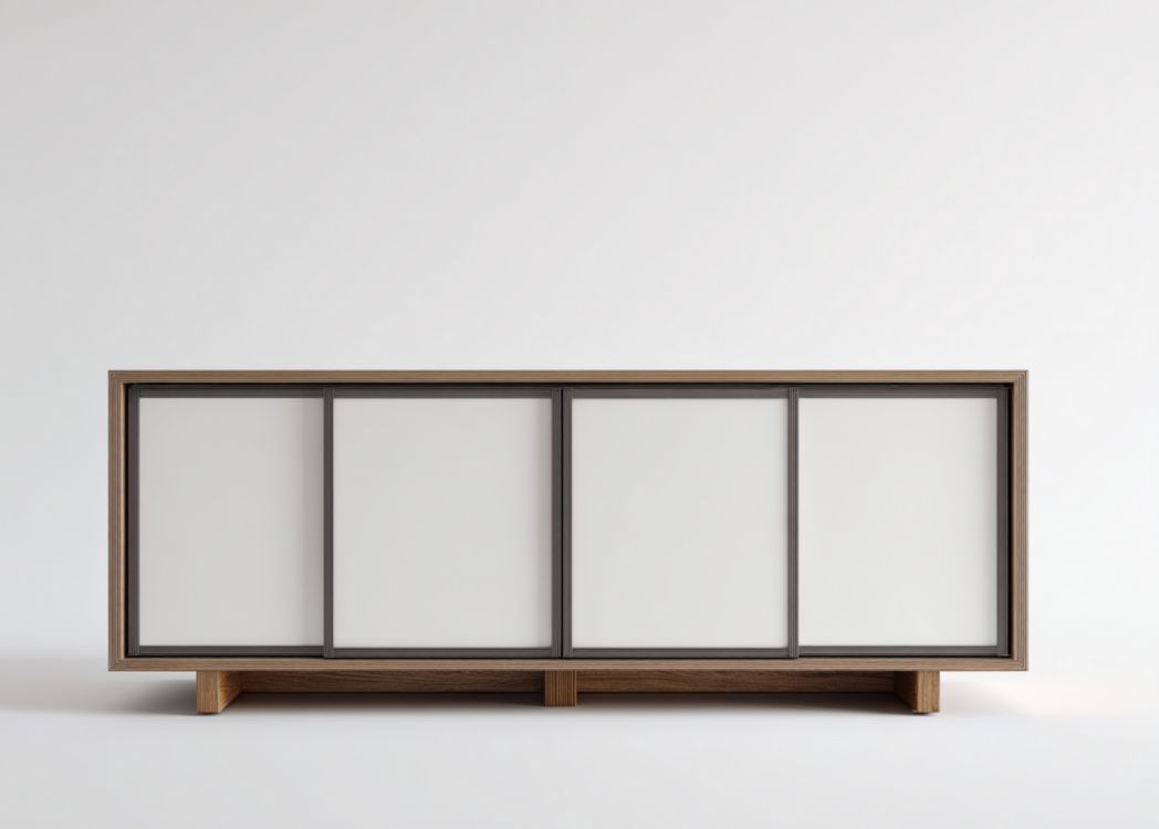 Zapatero de cuatro puertas correderas en blanco con marco de madera oscura