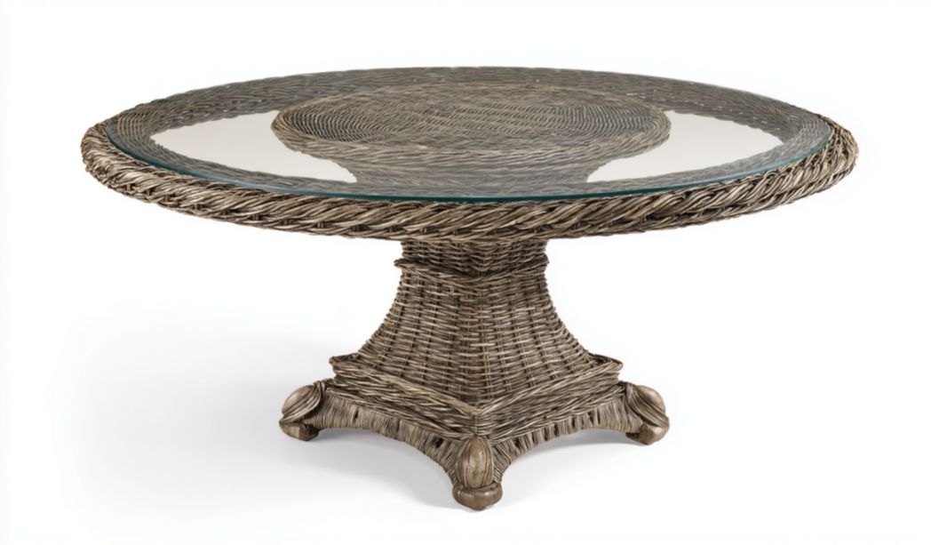 Mesa de jardín redonda de ratán sintético gris con tablero de vidrio templado Ø130×75 cm