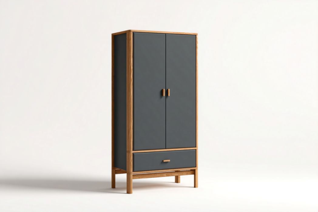 Armario de madera color gris oscuro con dos puertas y cajón inferior