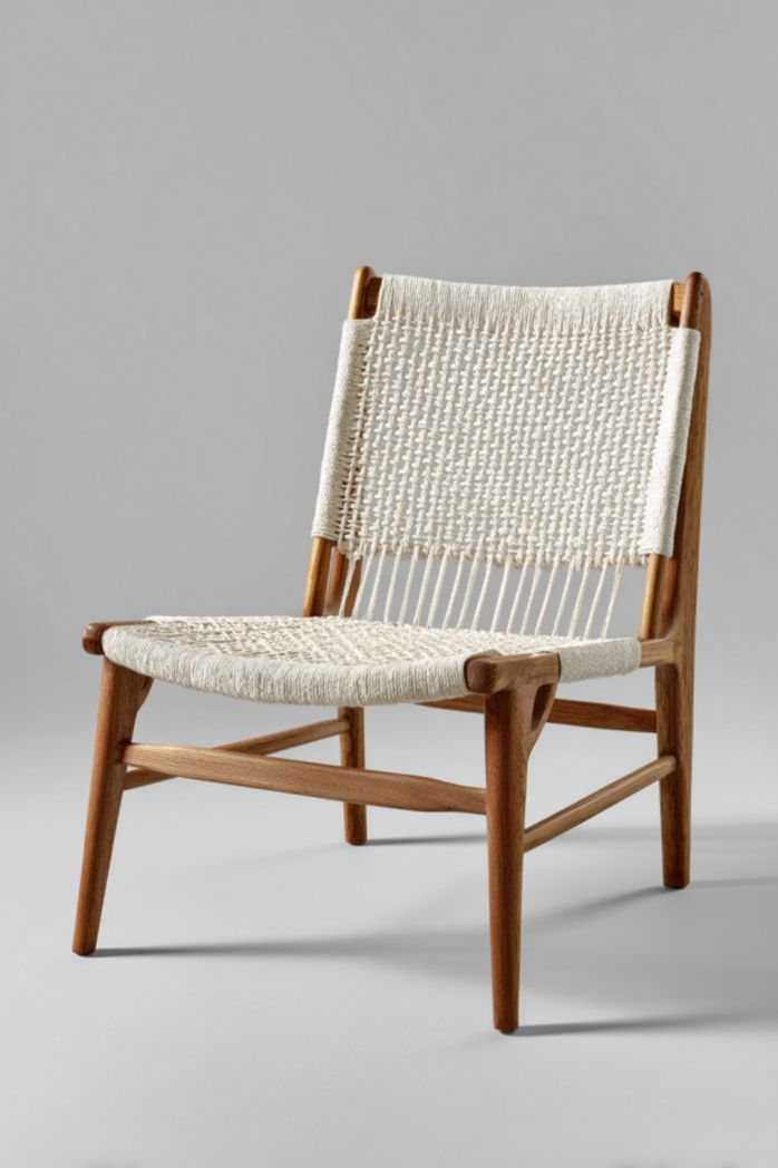 Silla lounge de jardín de madera natural con asiento y respaldo de cuerda beige 63×72×78 cm