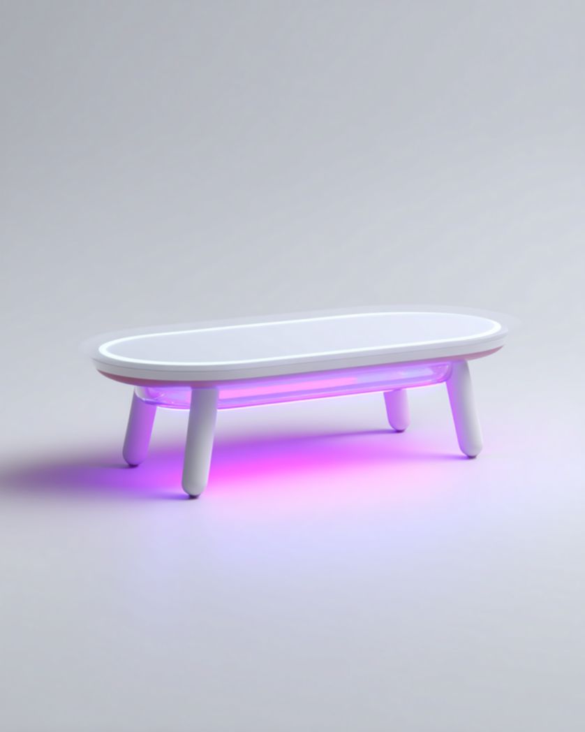 Mesa de centro oval blanca con iluminación LED RGB y patas cónicas, 110×55×40 cm