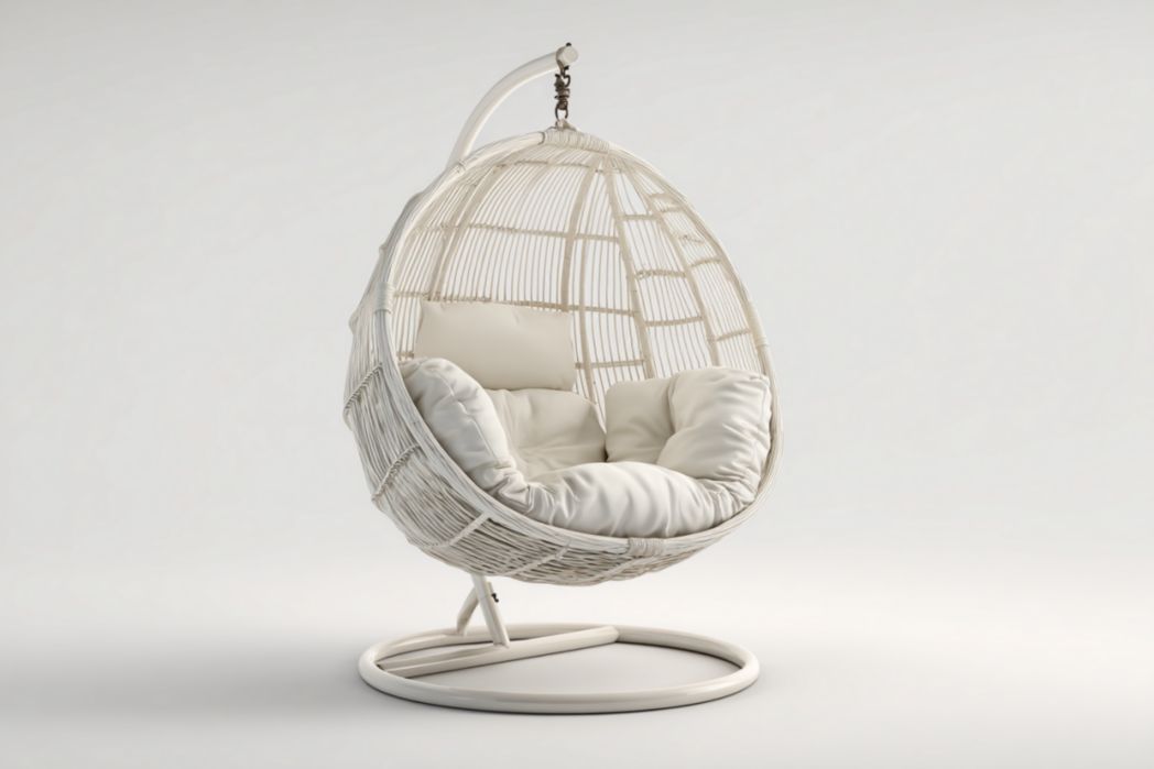 Silla colgante tipo huevo en color marfil con base metálica y cojines crema
