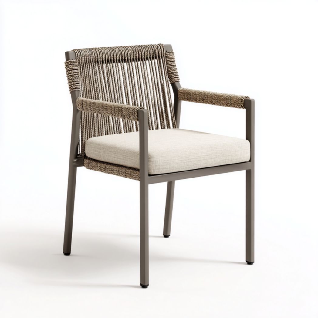Silla de jardín gris topo con respaldo de cuerda y cojín beige 55×58×83 cm