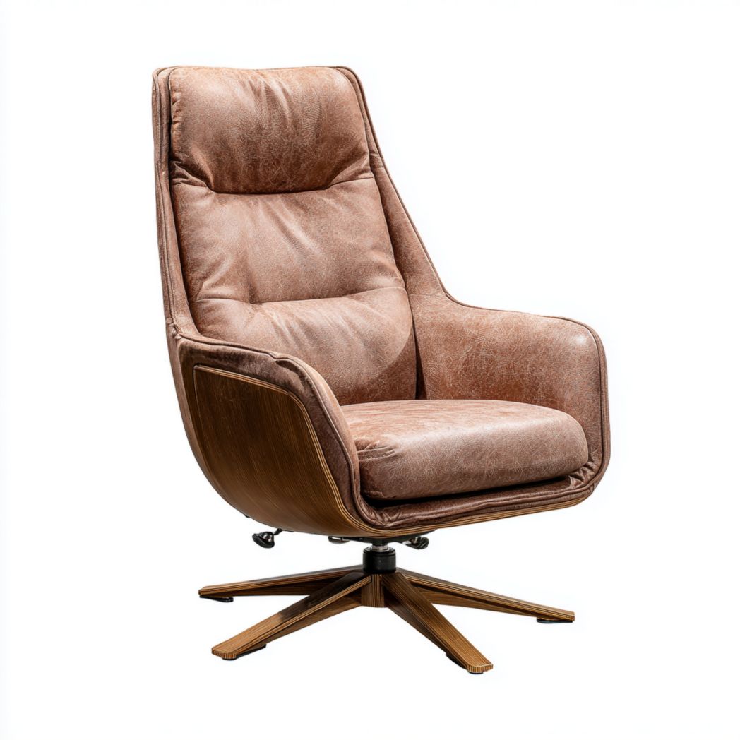 Silla de oficina y descanso giratoria en piel marrón con base de madera sin ruedas