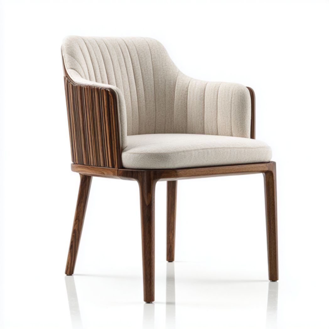 Sillón con brazos color crema, estructura de madera tono nogal y tapizado acanalado