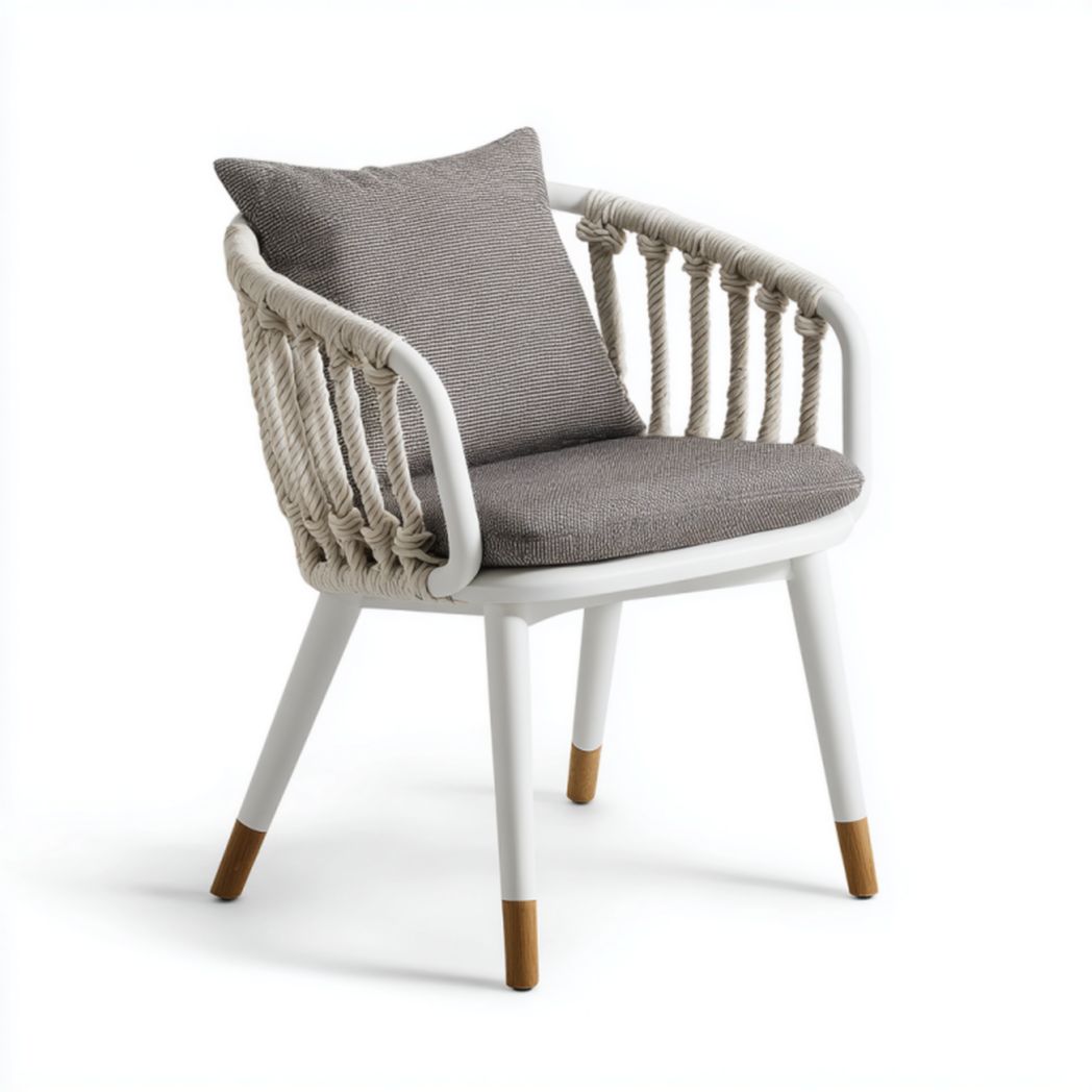 Silla de jardín blanca con laterales de cuerda beige y cojín + almohada grises 58×60×78 cm