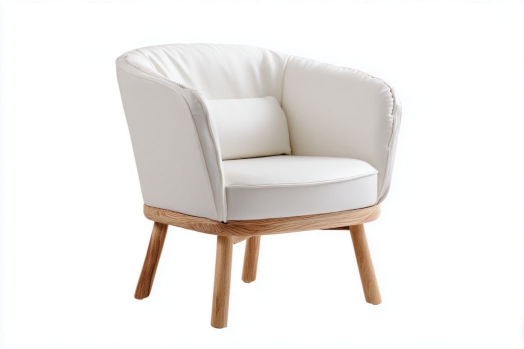 Sillón blanco en PU con base de madera clara y cojín lumbar