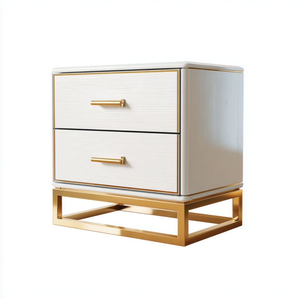 Mesita de noche blanca con base metálica dorada y 2 cajones