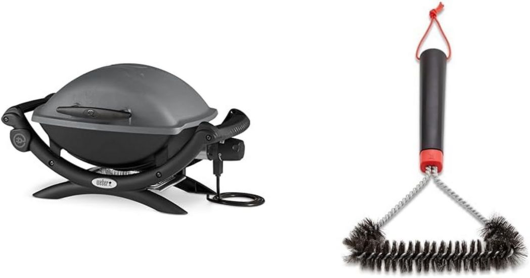 Barbacoa eléctrica Weber Q1400, superficie de cocción de 43 x 32 cm, portátil, parrilla de hierro fundido esmaltado de 2 piezas, tapa y recipiente de aluminio fundido - Gris oscuro (52020053)