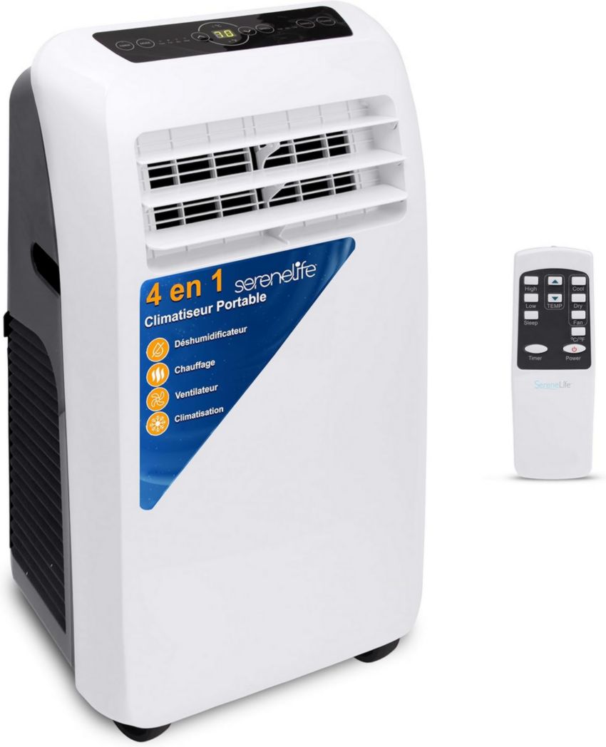 Aire acondicionado portátil silencioso SereneLife, 9000 BTU, 3 en 1, con deshumidificador integrado, modo ventilador, control remoto y kit completo de ventilación de ventana, color blanco