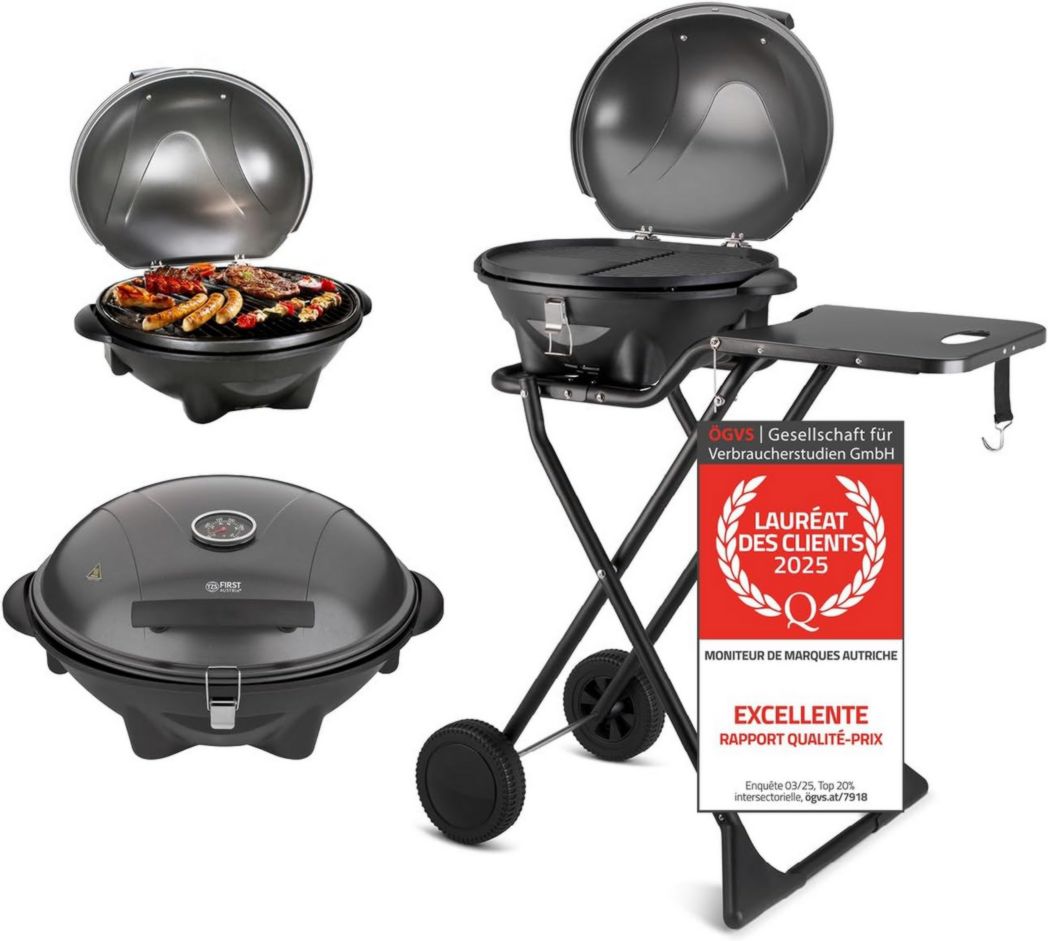 Barbacoa eléctrica y parrilla de mesa 2 en 1 TZS: extremadamente estable y plegable para balcones. Barbacoa independiente extraíble de 2400 vatios con tapa, base y ruedas. Incluye controlador de temperatura.