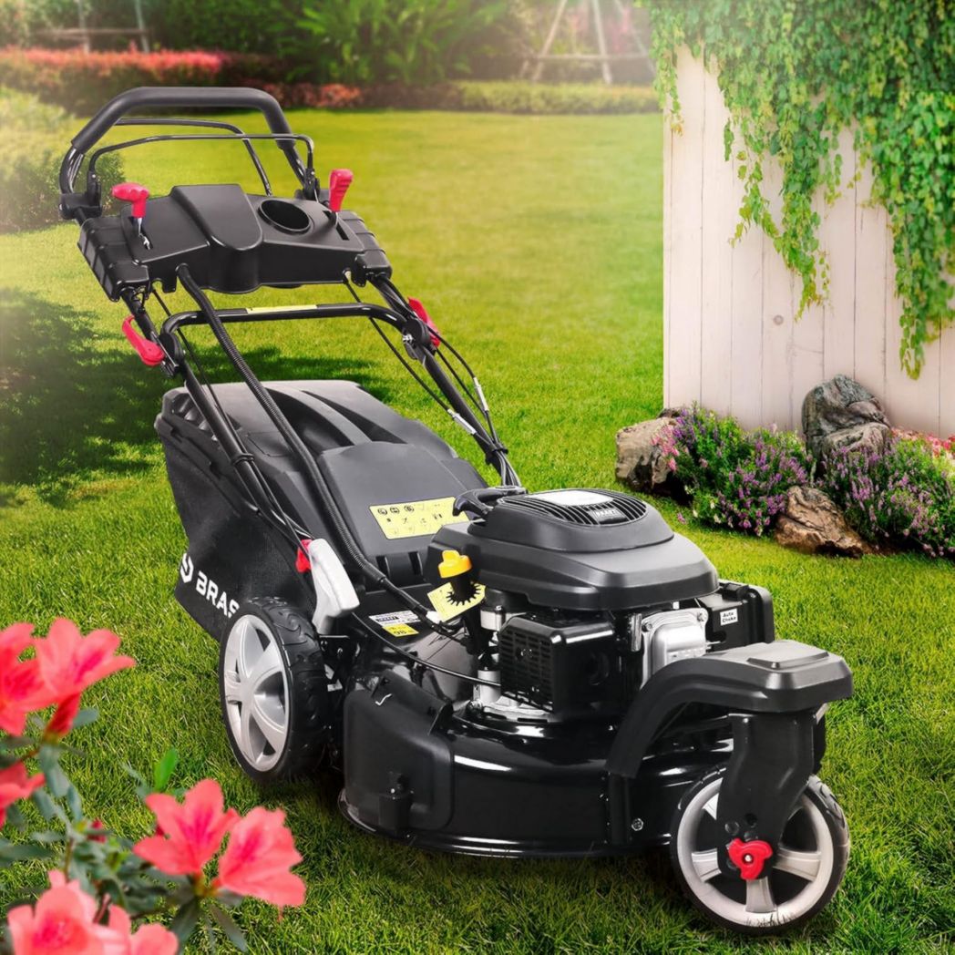 Cortacésped de gasolina autopropulsado BRAST TRIKE E-START de 224 cc y 53 cm con 3 ruedas, arranque eléctrico, triturador 4 en 1, capó de chapa de acero y depósito de aceite de 60 L - motor GT de 4 tiempos regulable