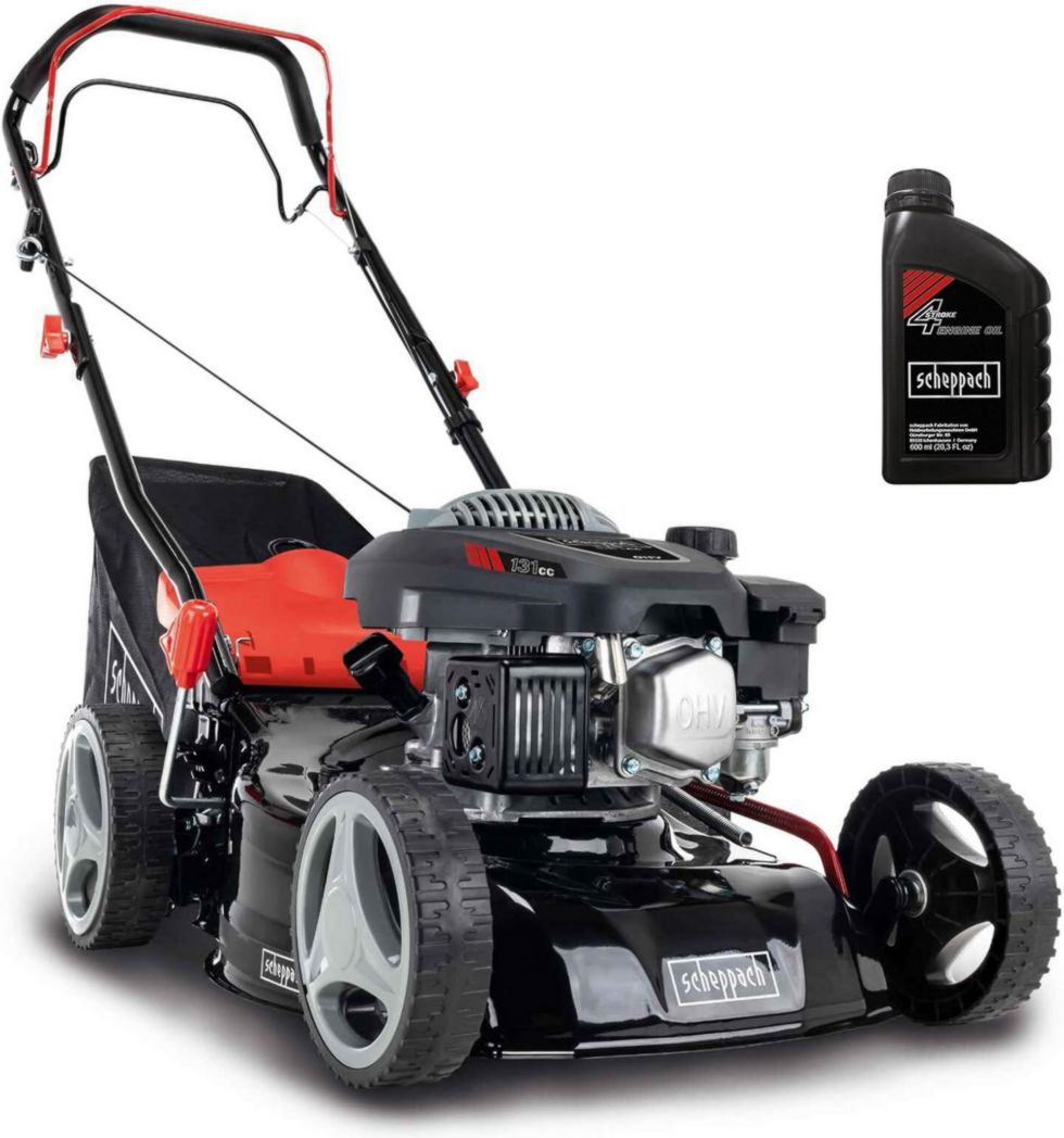 Cortacésped de gasolina Scheppach MS132-42 | 3,4 CV | Ancho de corte de 42 cm | Robusto | Función mulching | Recogedor de césped de 45 L | Ajuste de altura de corte de 7 niveles (25-75 mm)