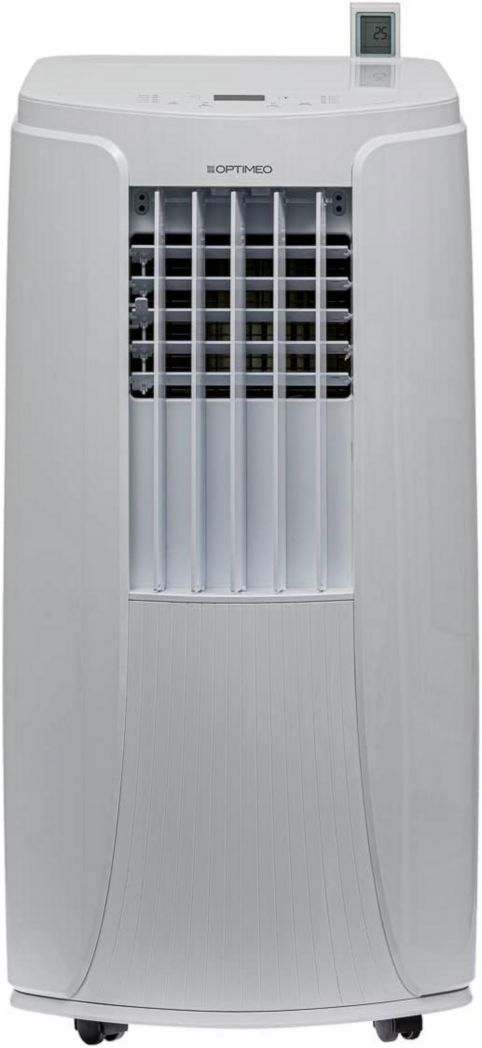Aire acondicionado portátil OPTIMEO OPC-C02-121 blanco de 3500 W, 5 niveles de protección, funcionamiento silencioso y ruedas integradas.