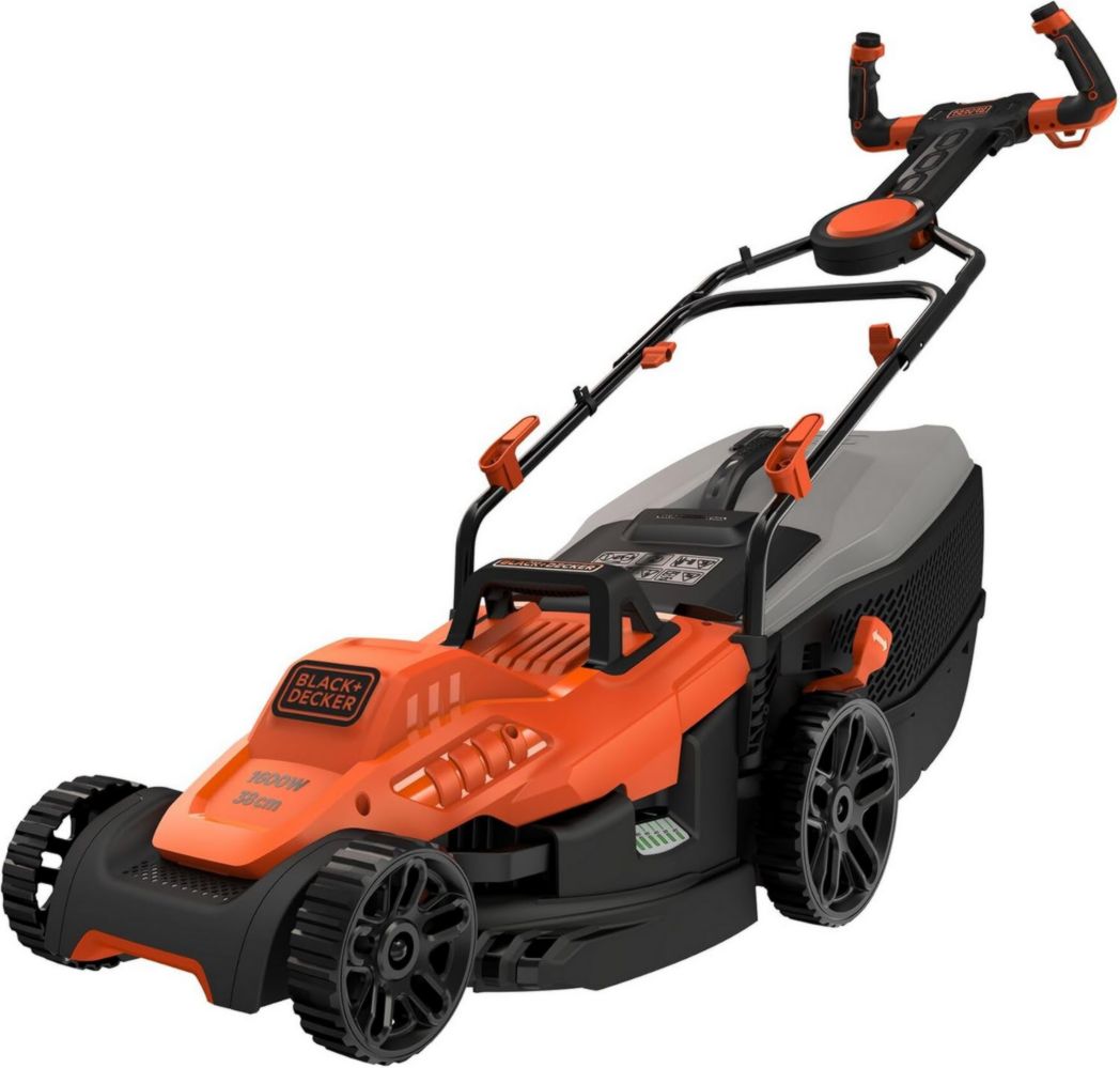Cortacésped con cable BLACK+DECKER de 1600 W, eléctrico de 38 cm, 6 alturas ajustables (20, 30, 40, 50, 60 y 70 mm), con mango EASYSTEER de 3 posiciones, BEMW471ES-QS naranja