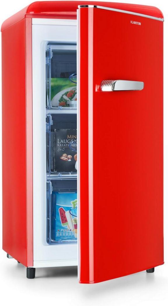 KLARSTEIN Laika - Congelador, volumen total 60 litros, termostato de 5 niveles, de 0 a -18 °C, 3 estantes, independiente, diseño retro - rojo