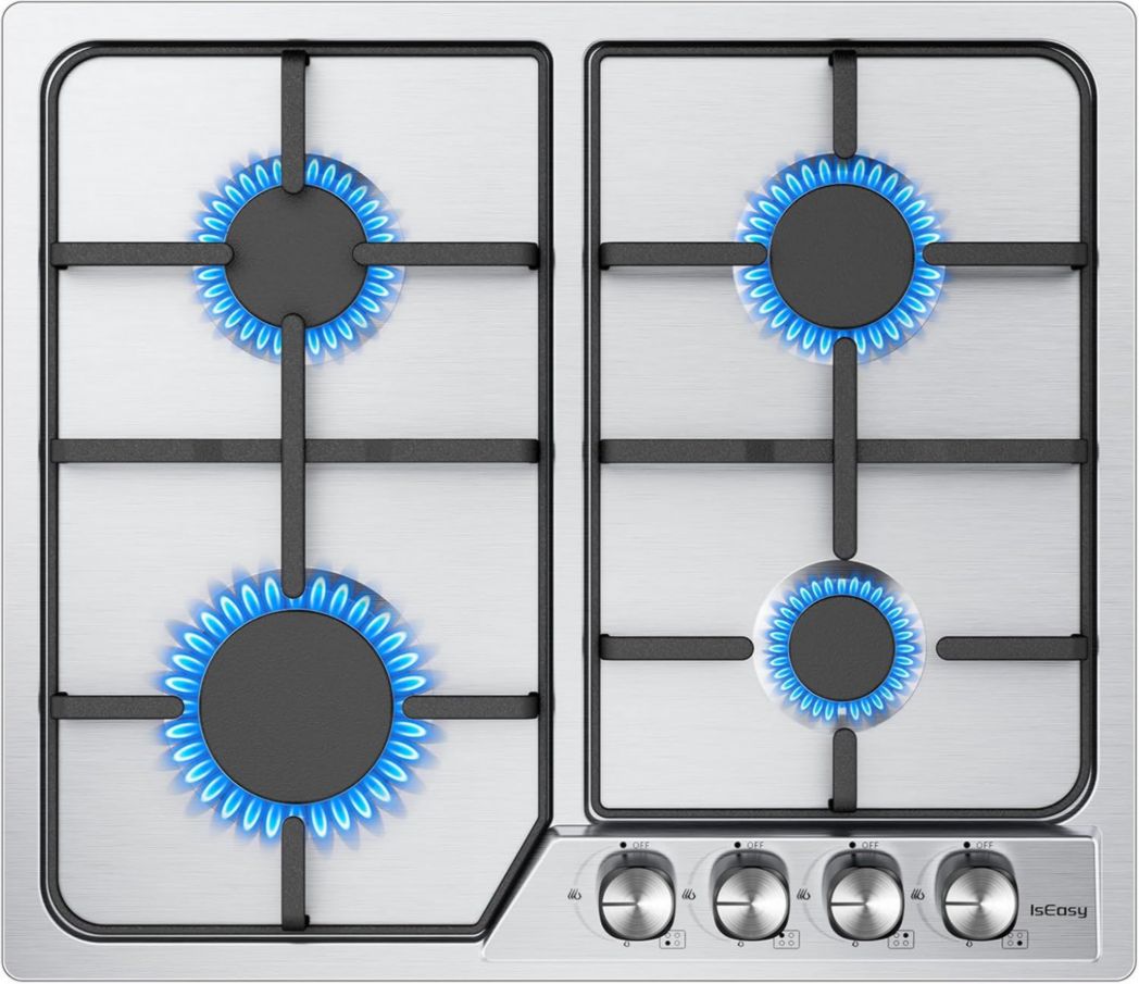 Placa de gas de 4 fuegos, placa de 60 cm - Cocina empotrada - Gas de red y gas envasado (4 fuegos - Cristal)