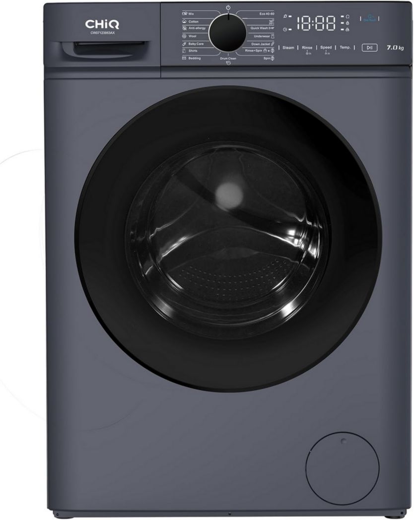 Lavadora CHIQ CFL80-14586IM3XA, carga frontal, 8 kg, Space Pro, motor inverter estable, 1400 rpm, programa Smart AI, función vapor, lavado rápido de 15 minutos, 15 ciclos de lavado, gris
