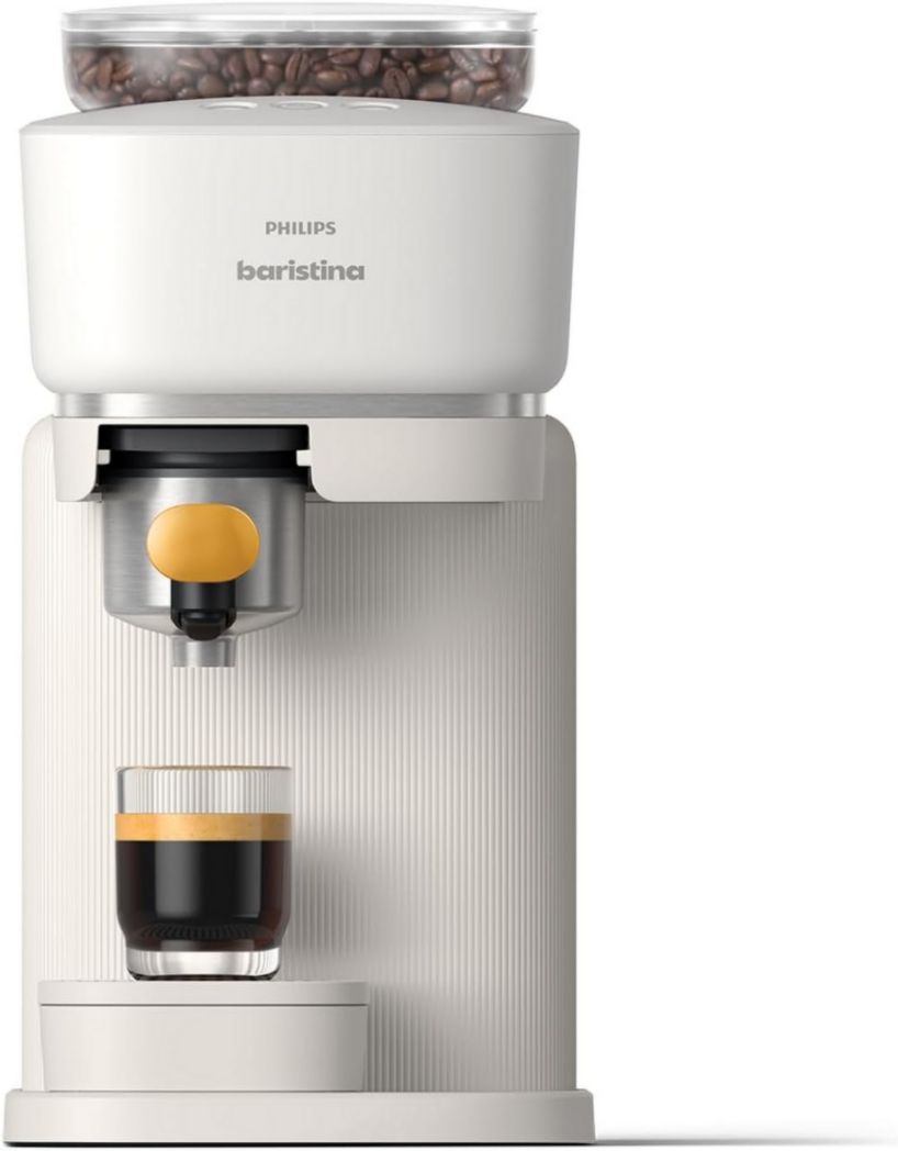 Cafetera espresso Philips Baristina - Un auténtico espresso, simplificado - Compacta - 16 bares de presión - Molinillo integrado - Máquina blanca con portafiltro blanco (BAR300/00)