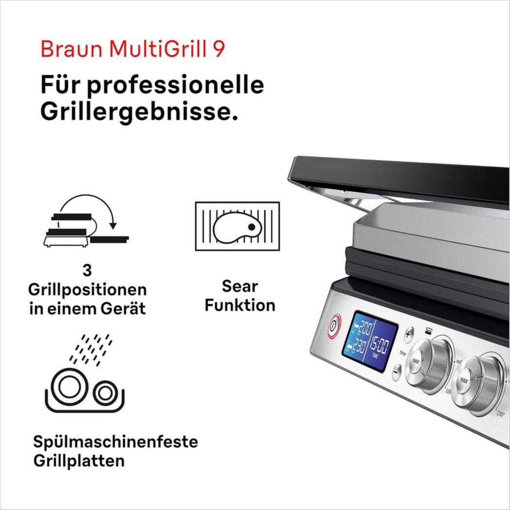 Braun MultiGrill 9 CG 9047, plancha eléctrica para paninis con placas de cocción, gofrera, 2 termostatos independientes, 3 posiciones de cocción, placas aptas para lavavajillas, 2000 W, acero inoxidable/negro