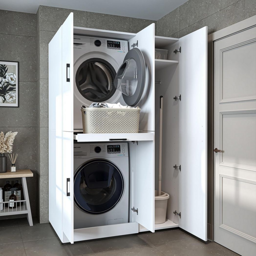 ROOMART Dora - Mueble para lavadora - Para secadora y lavadora - En 4 colores - Con puertas y panel corredero - Blanco - Roble blanco - Roble antracita - Roble blanco (roble blanco)