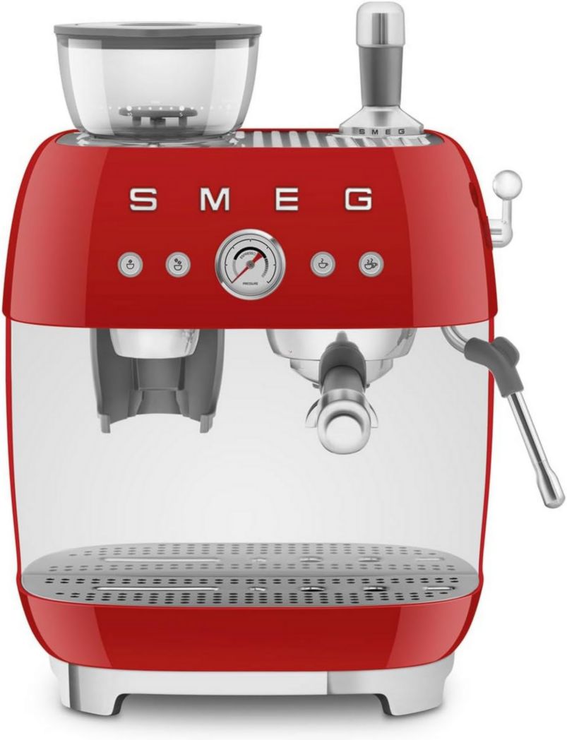 Cafetera espresso manual Smeg EGF03CREU, con molinillo de café integrado, thermoblock, 4 niveles de temperatura, tubo de vapor y manómetro, depósito de agua de 1 L, dimensiones compactas, 1350 W, color crema