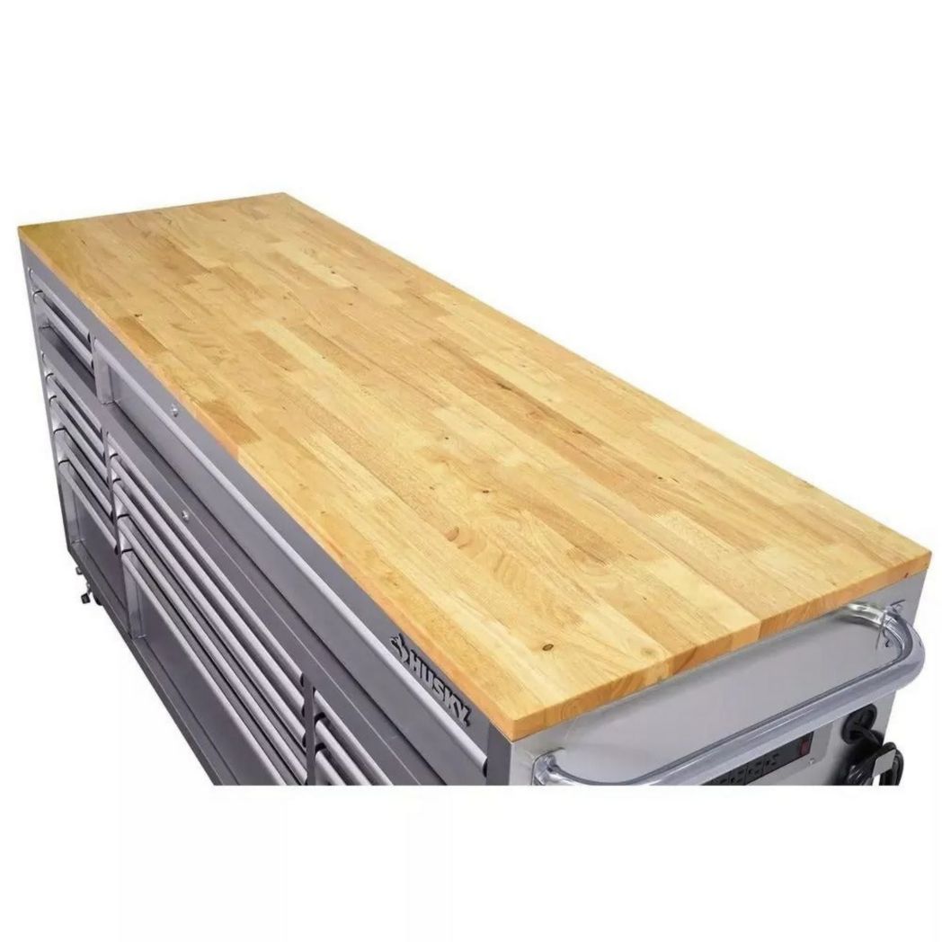 Banco de trabajo móvil de 72 pulgadas con 18 cajones y 24 pulgadas de profundidad, fabricado en madera maciza y acero inoxidable.