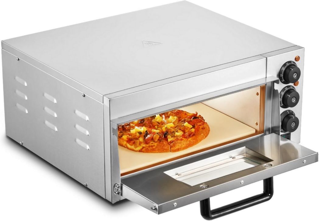Horno de pizza profesional VEVOR, 14 pulgadas de capacidad, horno eléctrico de encimera de dos niveles, acero inoxidable, con piedra y asa, máquina de pizza versátil para uso en interiores, hogar y restaurantes.