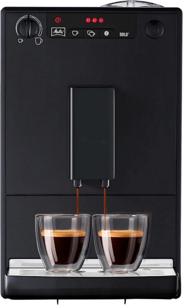 Melitta Caffeo Solo Noir Pure Black, Cafetera de café en grano con molinillo y sistema de extracción de aroma, pantalla LED, modo de 1 a 2 tazas, máquina de espresso, automática, E950-222, 1400 W