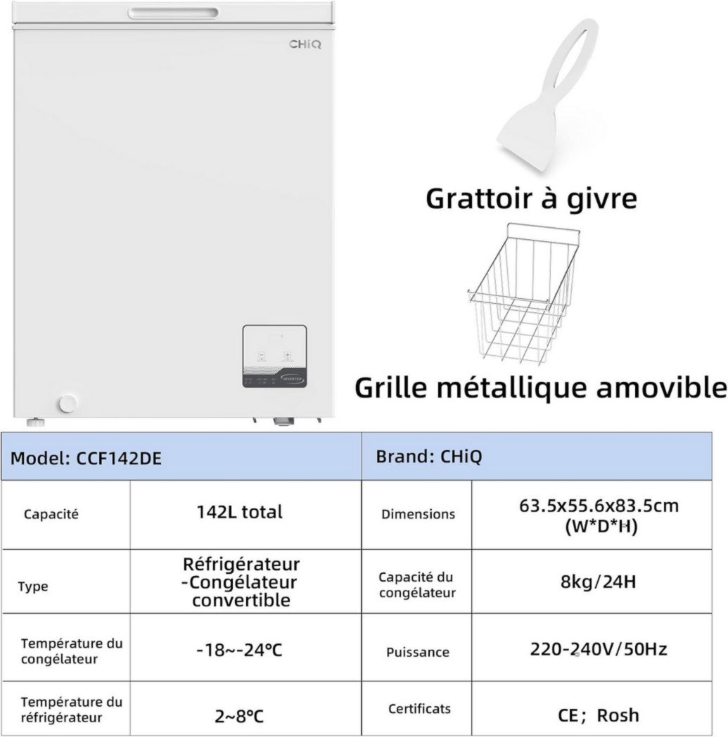 Congelador horizontal CHIQ de 142 l, 63,5 x 55,6 x 83,5 cm, con inversor, pantalla de temperatura externa, congelación rápida a -32 °C, rejilla metálica, bajo nivel de ruido.
