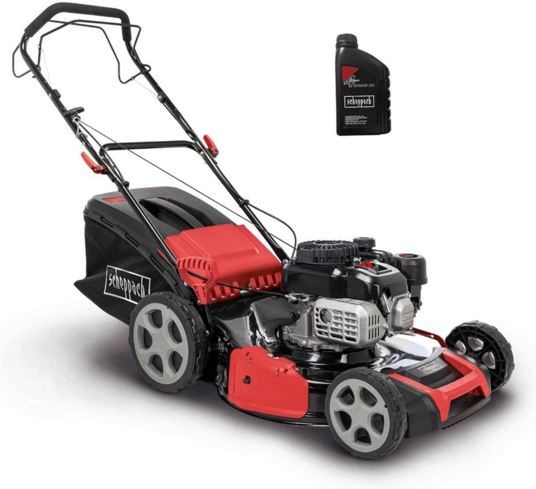 Cortacésped de gasolina Scheppach MS180-51 – Ancho de corte de 51 cm – Motor de gasolina de 4 tiempos de 4,0 kW – 5,4 CV – Apto para jardines de hasta 1600 m² – Altura de corte ajustable en 8 posiciones – Aceite de motor