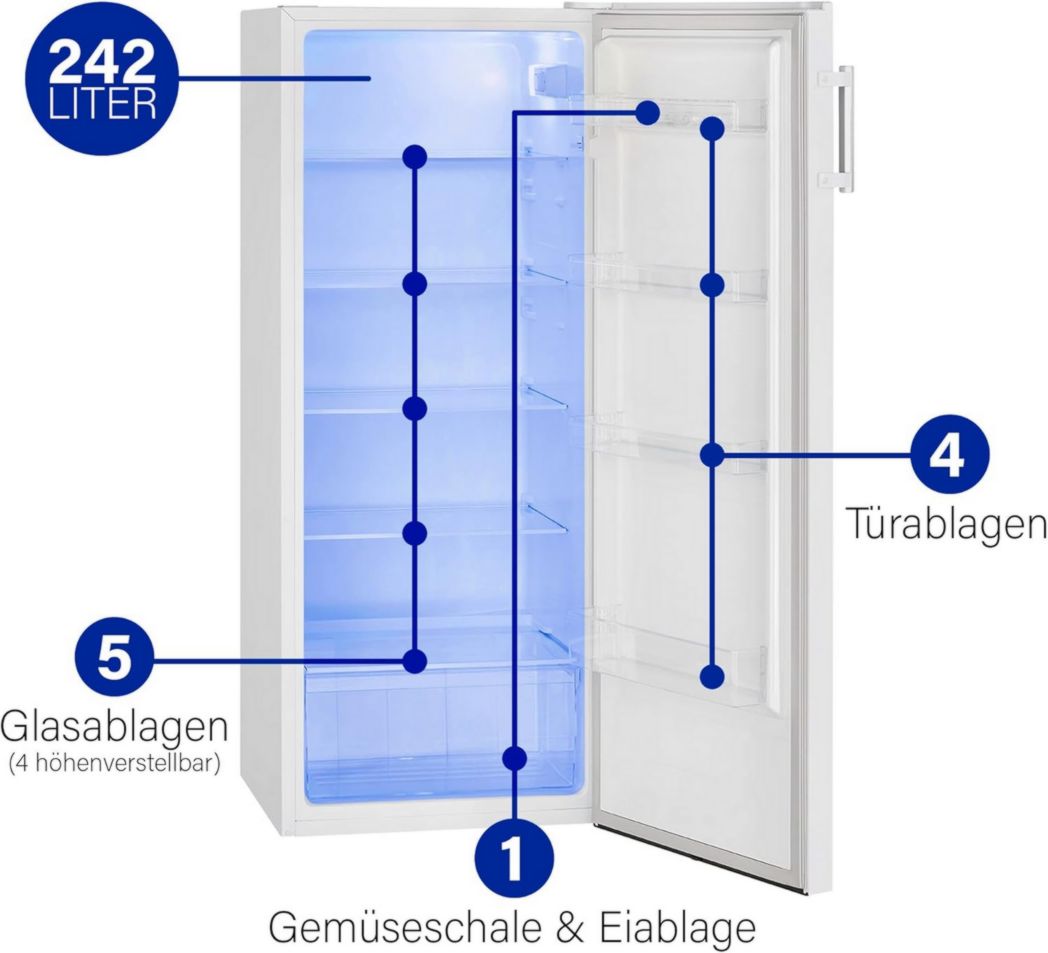 Refrigerador Bomann 242L Blanco VS7316-1-blanco, Capacidad neta: 242 litros, Iluminación interior LED, Control continuo de temperatura, 5 estantes de vidrio