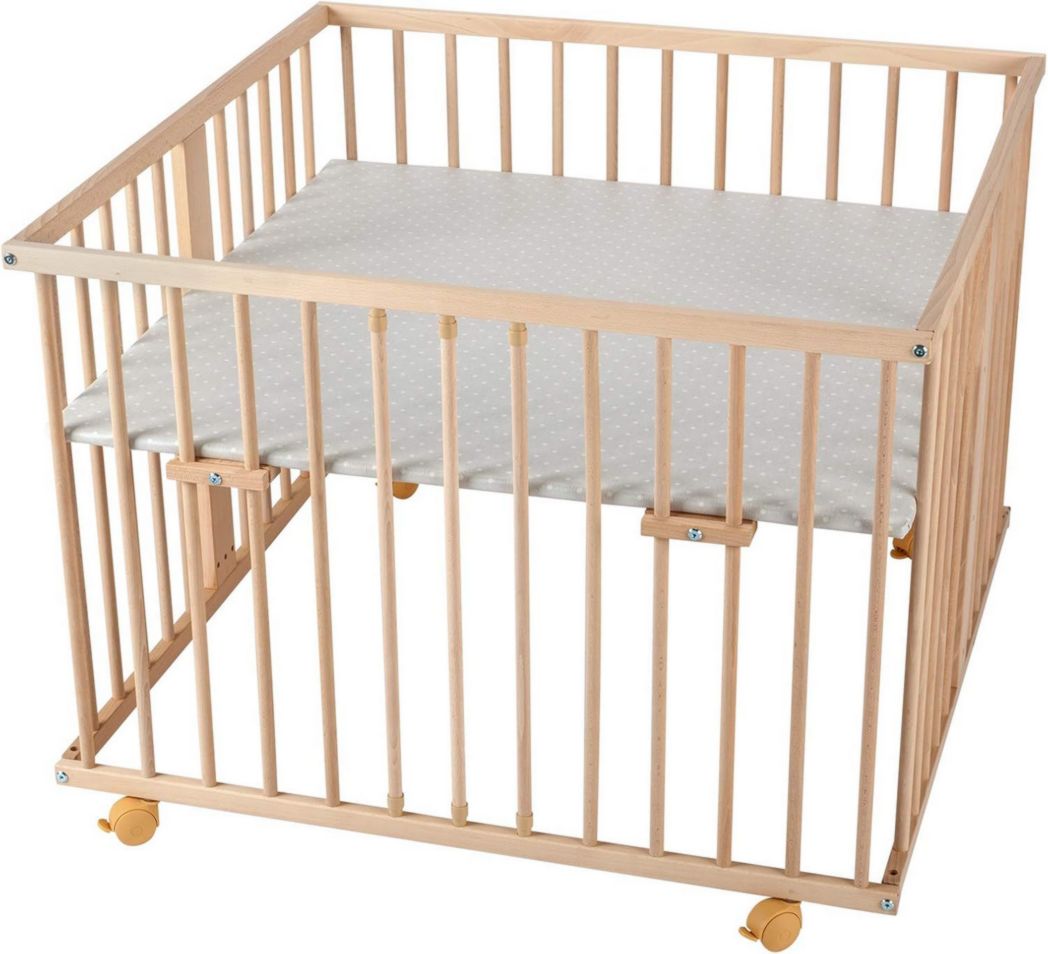 WALDIN - Parque infantil - aprox. 100 x 100 cm, madera maciza de haya, altura regulable, 2 modelos a elegir, madera natural sin tratar, tejido de lunares blanco/gris
