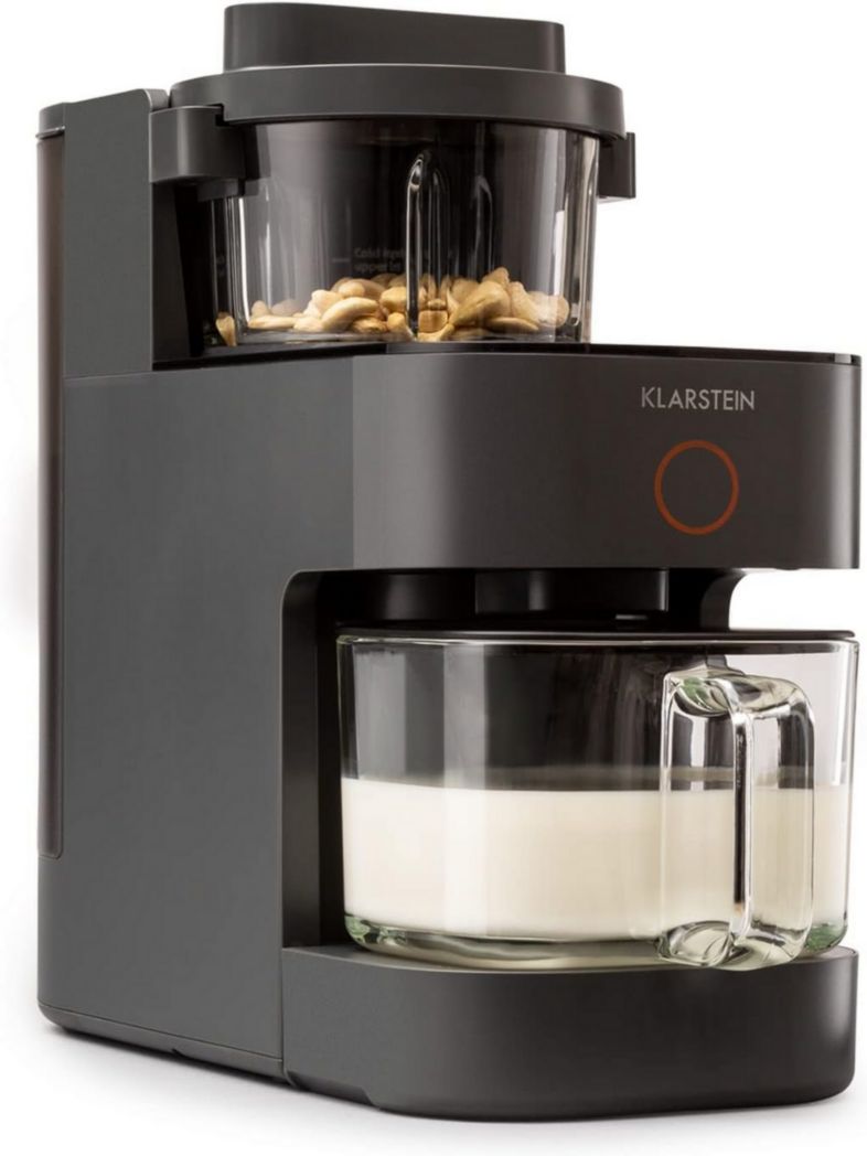 Batidora de pedestal Klarstein Mixer de 300 y 1250 vatios para preparar leches vegetales y batidos con tecnología de calentamiento de 360°, 30.000 rpm, pantalla táctil, color negro.