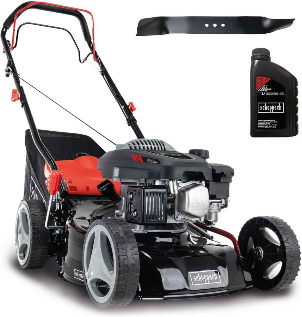 Cortacésped de gasolina Scheppach MS150-42 | Autopropulsado - 3,7 CV | Ancho de corte de 42 cm | Sistema de limpieza de conexión rápida | Recogedor de césped de 45 L | 7 ajustes de altura de corte | Cuchilla de repuesto y aceite incluidos