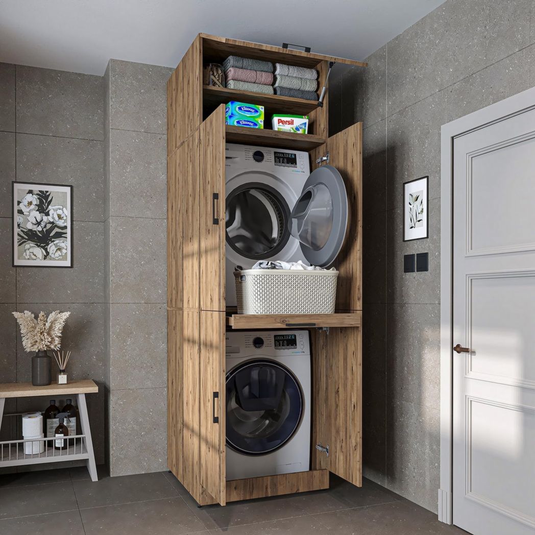 Mueble lavadora ROOMART Dora, para secadora y lavadora, disponible en 4 colores, con puertas y tapa corredera (roble antracita)