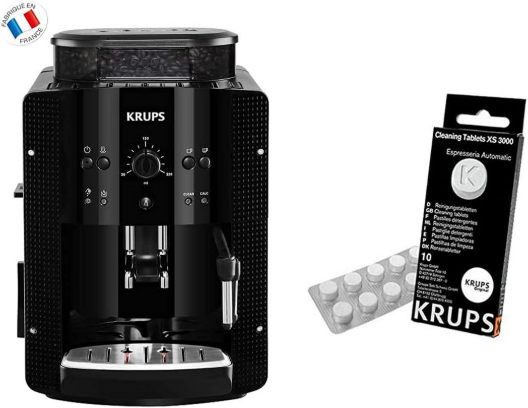 Cafetera KRUPS ESSENTIAL BLACK con molinillo, cafetera espresso de 2 tazas y pastillas de detergente. Compatible con modelos Full Auto EA/XP y Rowenta ES. Accesorio oficial.