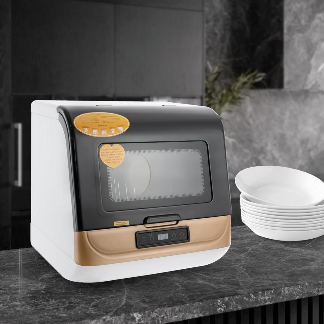 Mini lavavajillas portátil de sobremesa con 3 programas, depósito de agua de 5 L, pulverizador 360°, control táctil, con/sin conexión de agua, para camping y autocaravanas, dorado