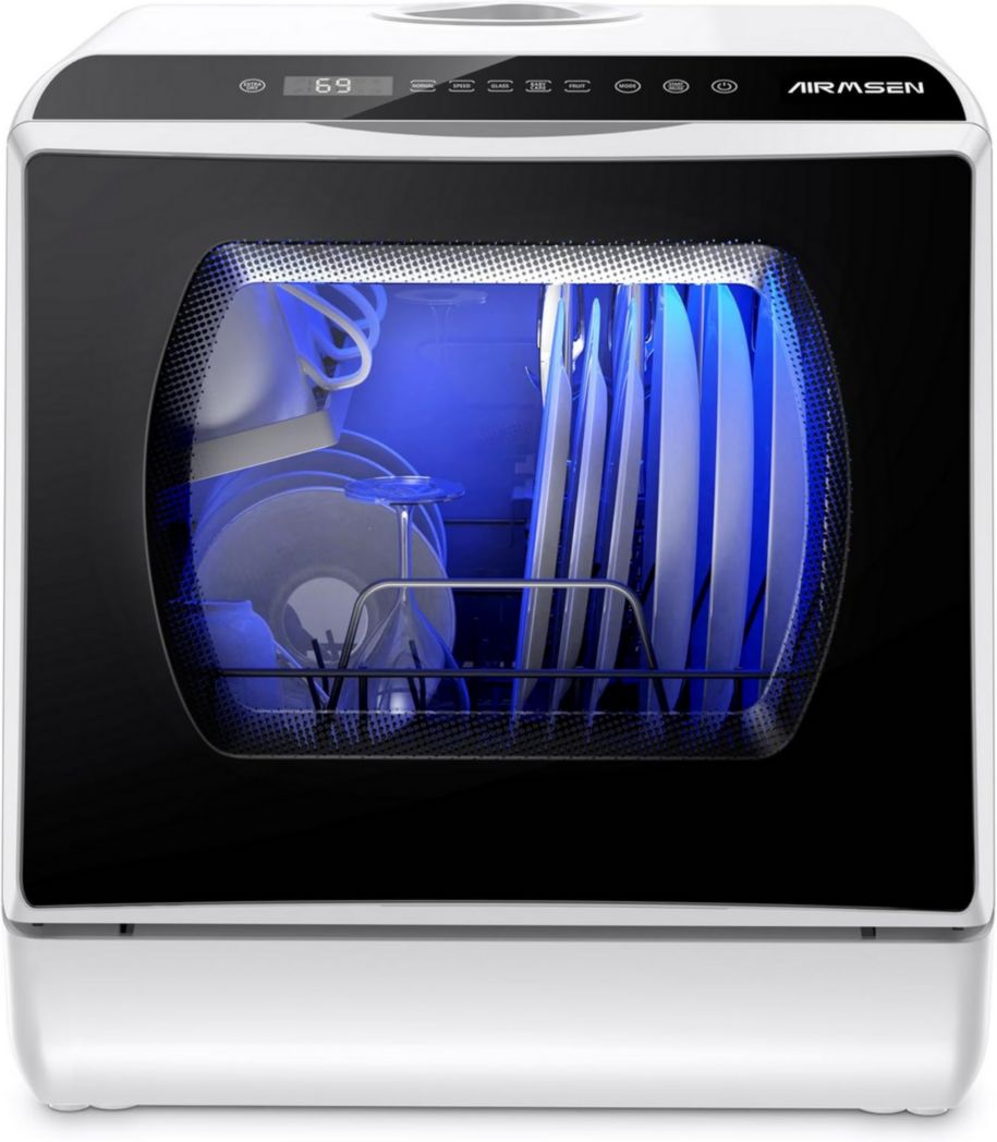 Minilavavajillas de encimera AIRMSEN, 5+1 programas, depósito de agua de 5 L, controles táctiles y pantalla LED, ideal para cocinas familiares, apartamentos y dormitorios, blanco y negro.
