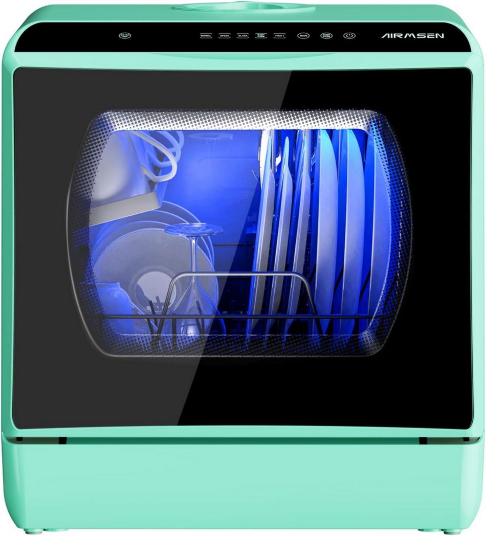Minilavavajillas de encimera AIRMSEN, 5+1 programas, depósito de agua de 5 L, controles táctiles y pantalla LED, ideal para cocinas familiares, apartamentos y dormitorios, blanco y negro.