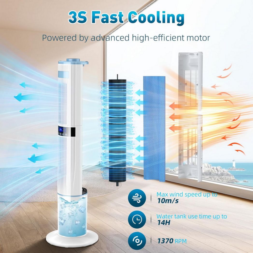 Aire acondicionado portátil silencioso con humidificador, ventilador, 2 salidas de aire, oscilación 360°, 65W, temporizador 24 horas, 3 velocidades, 4 modos, control remoto para dormitorio u oficina