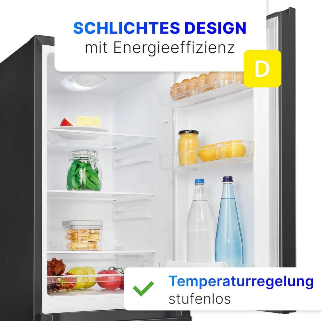 Frigorífico y congelador Bomann KG322-1-black de 175 litros, color negro, Capacidad neta: 175 litros, Control de temperatura continuo, Bisagras de puerta a la derecha, Intercambiables, Patas ajustables
