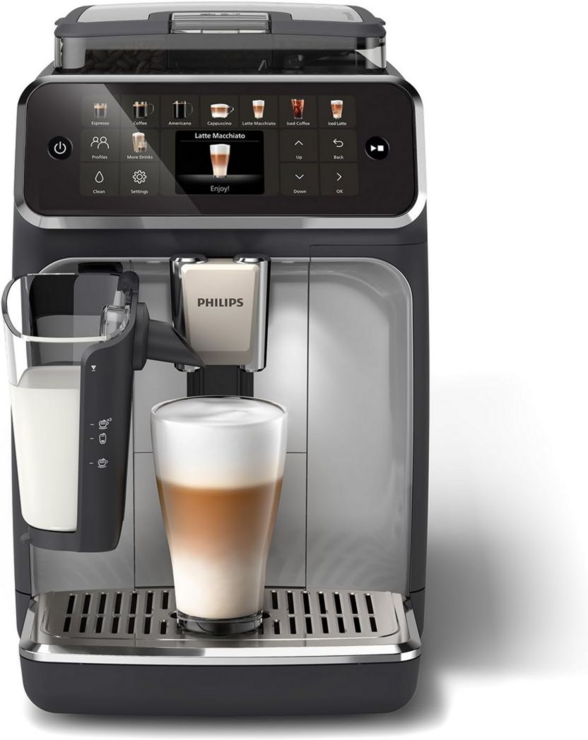 Cafetera espresso totalmente automática Philips Serie 5500: 20 bebidas calientes y frías, jarra LatteGo fácil de limpiar, SilentBrew (un 40 % más silencioso), inicio rápido, color negro y plateado (EP5546/70)