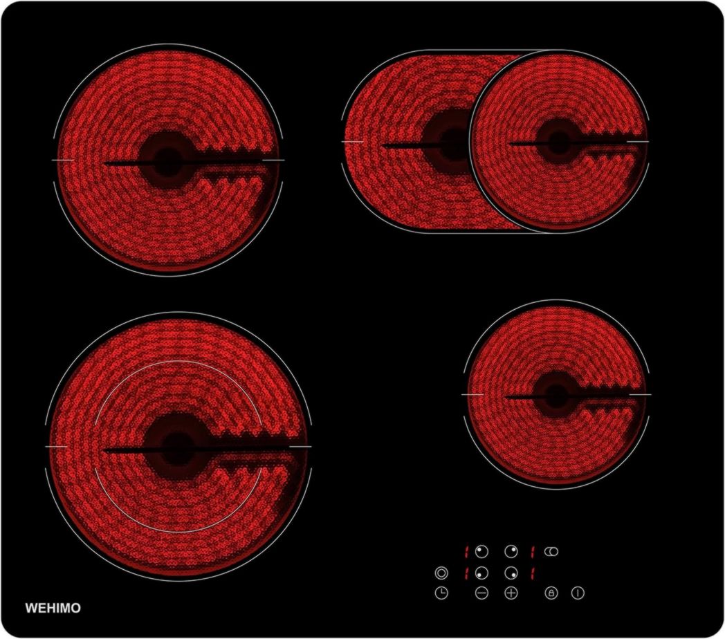 Placa vitrocerámica empotrada de 4 fuegos, WEHIMO 6000W - 59cm - Temporizador, 9 niveles de potencia, control táctil, bloqueo de seguridad para niños...