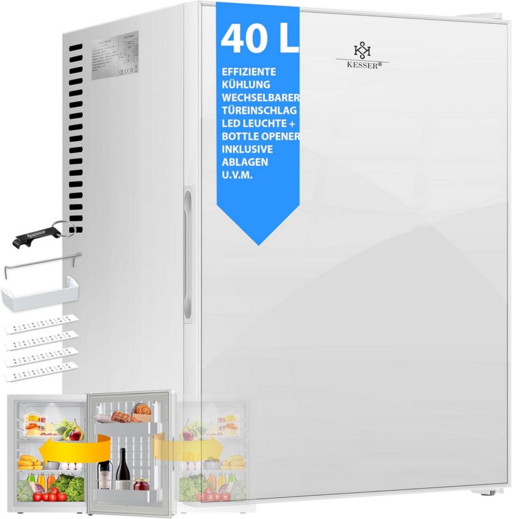 Mininevera KESSER™ con cerradura, minibar de 40 l, silenciosa (22 dB), con cerradura, tope de puerta extraíble, aprox. 4-16 °C, altura 57 cm, luz interior