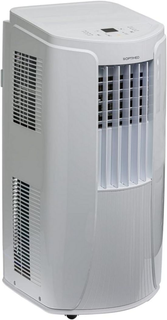 Aire acondicionado portátil OPTIMEO OPC-C02-121 blanco de 3500 W, 5 niveles de protección, funcionamiento silencioso y ruedas integradas.