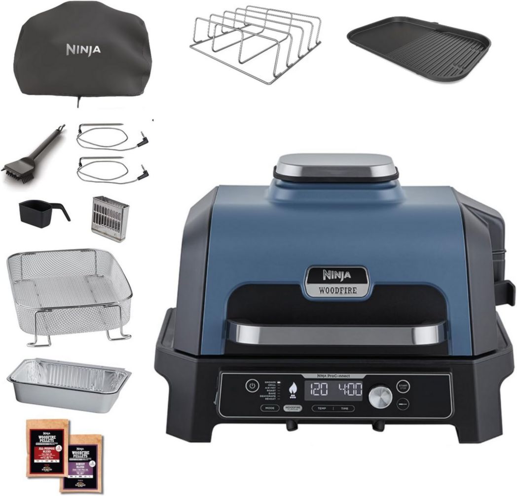 Barbacoa y ahumador eléctrico Ninja Woodfire Pro XL con termómetro, parrilla y freidora de aire 4 en 1 para exteriores con sistema de cocción inteligente y pellets de madera, portátil, gris/negro, OG850EU