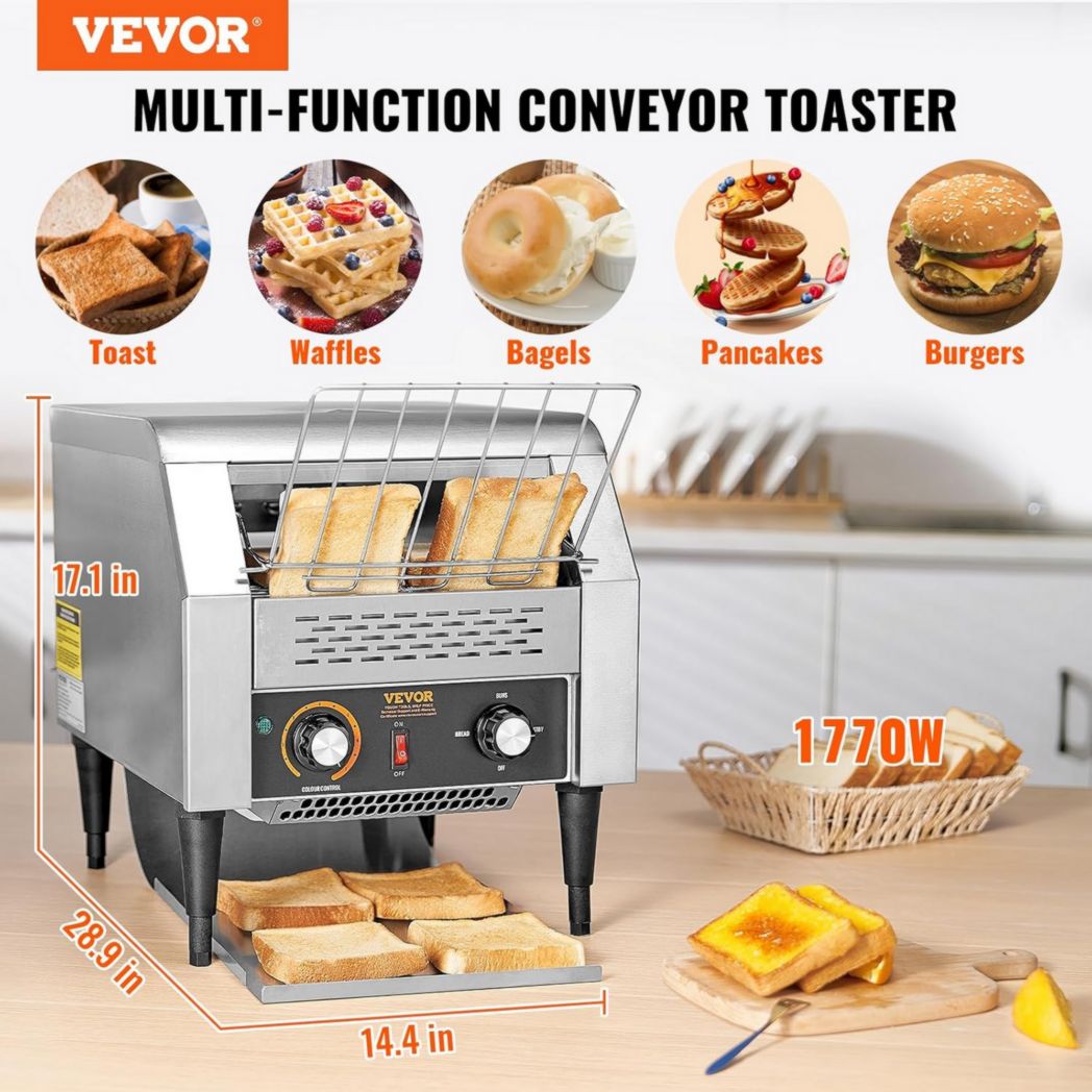 Tostadora profesional VEVOR, 300 rebanadas por hora, acero inoxidable, 2200 W, 7 velocidades, con bandeja recogemigas, para panecillos, bagels, hamburguesas, panaderías, restaurantes, hoteles