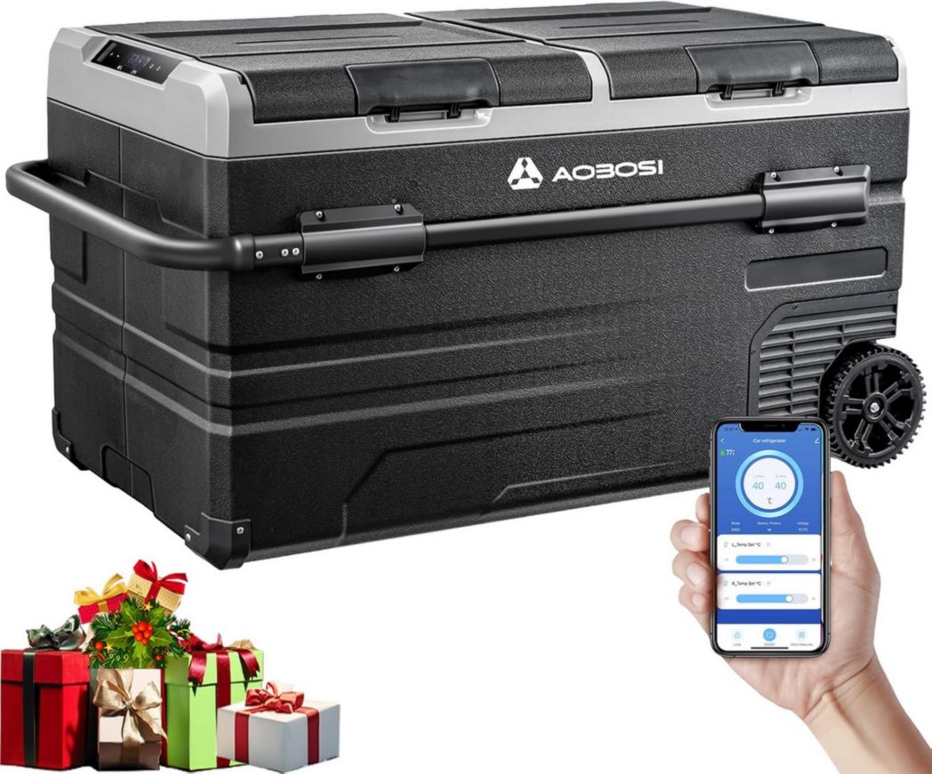 Nevera eléctrica de doble zona AAOBOSI de 115 l con compresor WiFi, 12 V/24 V y 100-240 V, para camping, de -20 °C a 20 °C, para coche, camión, barco, camping, caravana, viajes y hogar.
